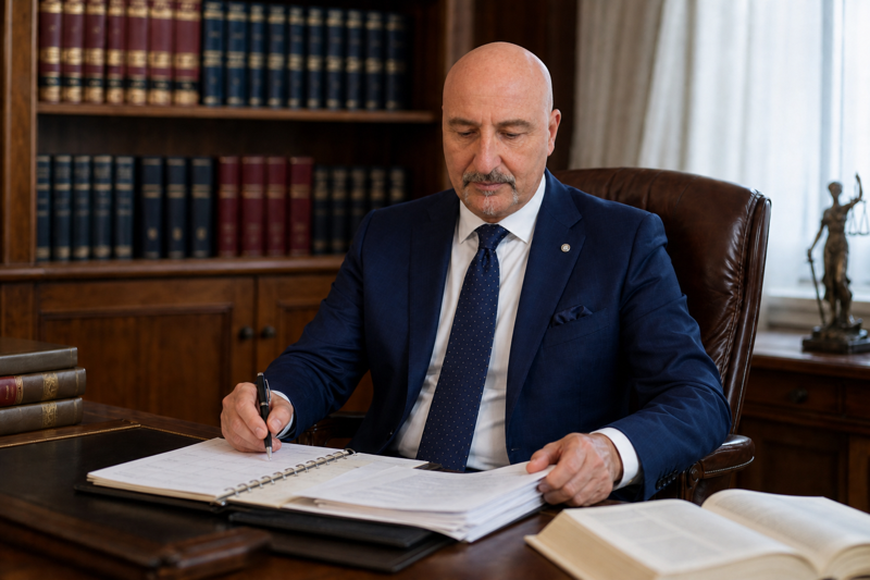 Avv. Pasquale Zambrano annota date e termini esaminando gli atti in studio