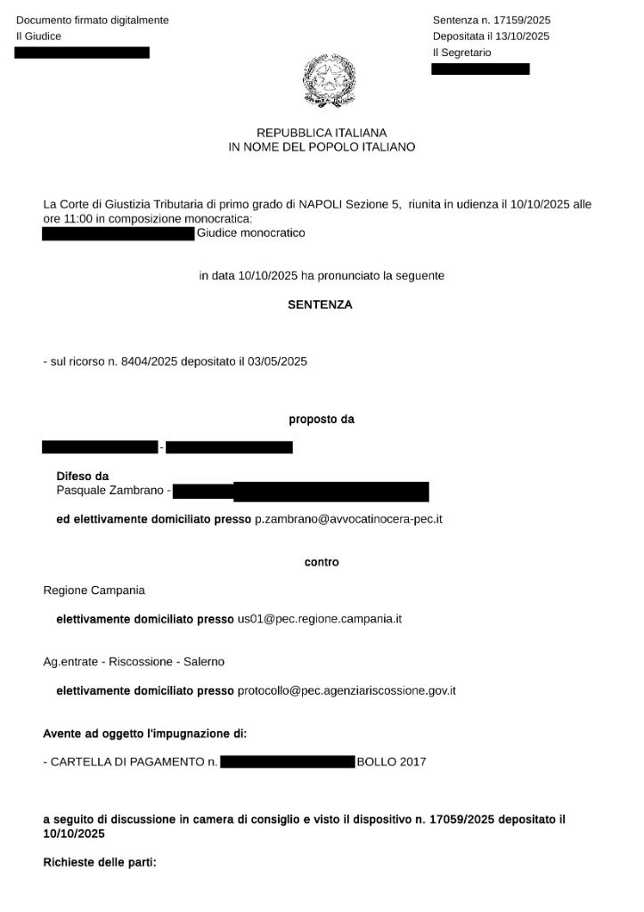 Sentenza della Corte di Giustizia Tributaria di Napoli, cartella annullata