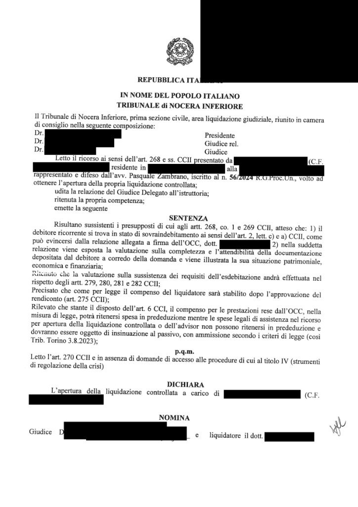 Sentenza del Tribunale di Nocera Inferiore, liquidazione controllata aperta