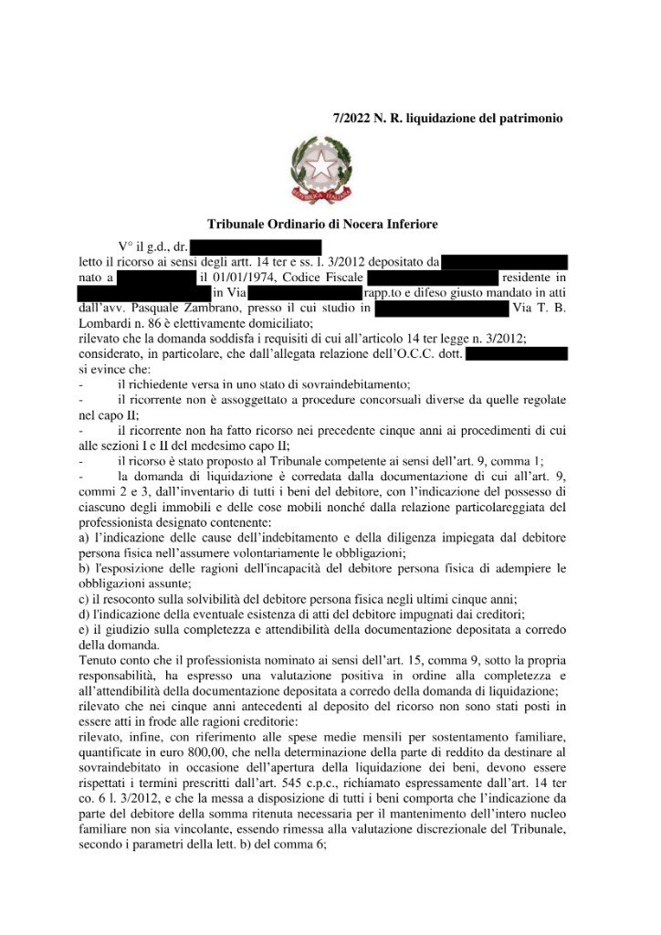 Sentenza del Tribunale di Nocera Inferiore, liquidazione del patrimonio aperta